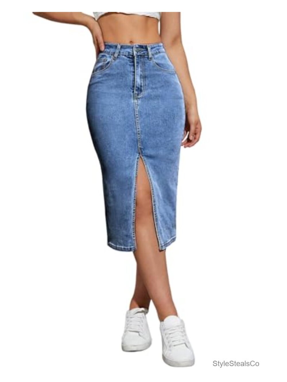 Womens Denim Pencil Skirt High Waist Midi Split Hem Pockets